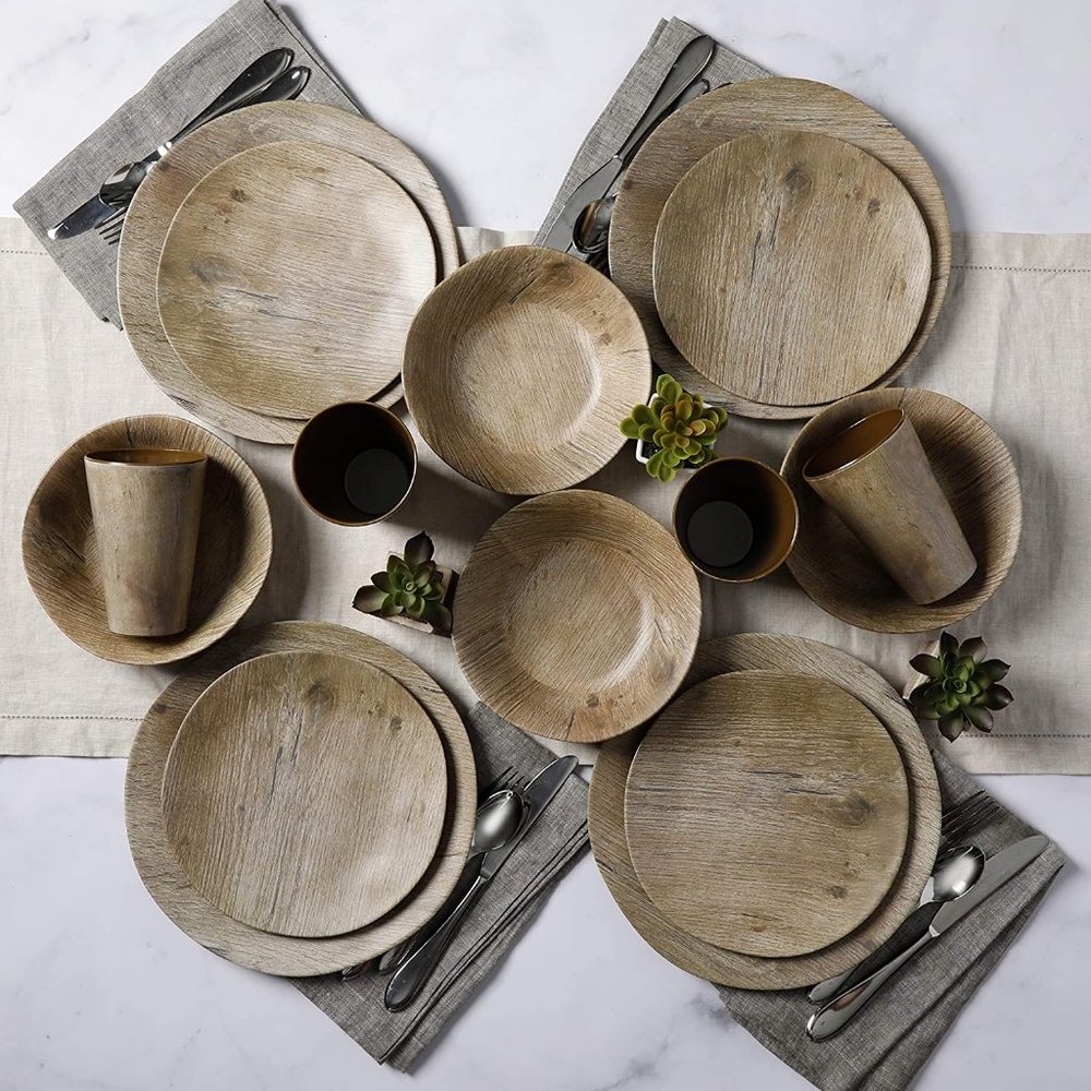 Gibson Home Woodlands Round Melamine Dinnerware Set, Service for 4 (16pcs) NIB - Picture 5 of 8